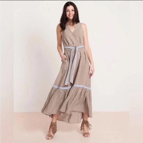 Rungolee Mariposa Wrap Tan Raw Silk High Low Boho Maxi Dress Size Small